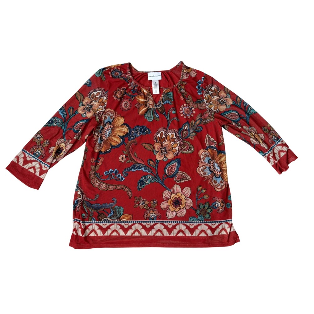 Alfred Dunner‎ Cottagecore Granny Vibes Red Floral 3/4 Sleeve Lined Blouse Top M